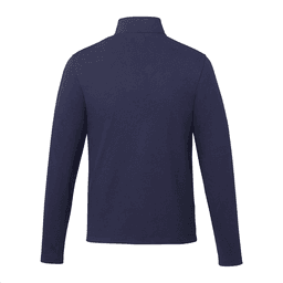 A navy quarter zip jacket with long sleeves and a collar, featuring a logo on the back.
