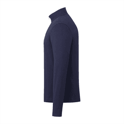 A navy quarter zip jacket for men, featuring long sleeves and a branding logo on the fabric.