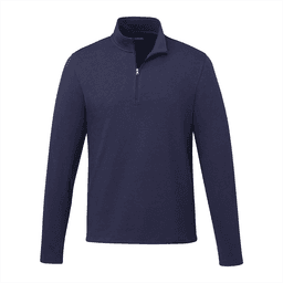 A navy quarter zip jacket for men with long sleeves and a collar, featuring a small zipper and a logo.