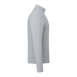 A grey knit quarter zip jacket for men with long sleeves and a collar, featuring a logo.