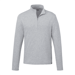 A light grey quarter zip jacket for men with long sleeves, featuring a logo on the side.