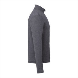 A grey quarter zip jacket for men featuring long sleeves and a collar. It has a logo on the garment.