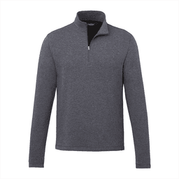 A grey quarter-zip jacket with long sleeves, featuring a collar and a small logo on the chest.