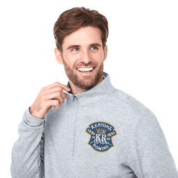 A grey quarter zip jacket for men featuring a logo on the chest.