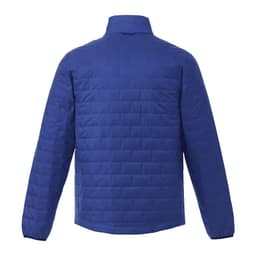 A blue men's lightweight packable insulated puffer jacket, featuring a square quilted texture and a collar.