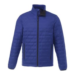 A blue men's lightweight packable insulated puffer jacket with a zip closure and side pockets.