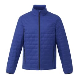 A lightweight, insulated puffer jacket in blue with a stand-up collar and zippered pockets. Features a logo.