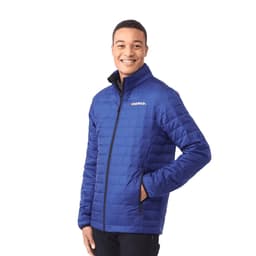 A man wearing a blue lightweight packable insulated puffer jacket with a logo on the chest.