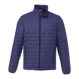 A lightweight packable insulated puffer jacket in navy blue with a zip front and side pockets. Features a brand logo.