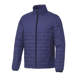 A navy puffer jacket with a standing collar, featuring a zip front and side pockets. It has a logo on it.