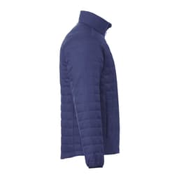 A navy puffer jacket featuring a lightweight, packable design and an insulated structure, with a stand-up collar.