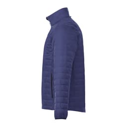 A lightweight packable insulated puffer jacket in navy blue with a zip front and pockets, featuring a logo.