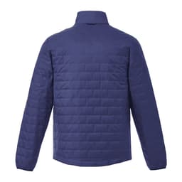 A navy lightweight packable insulated puffer jacket, featuring a quilted design and collar, with a logo on the back.