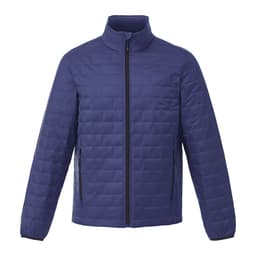 A navy lightweight packable insulated puffer jacket with a zip front and side pockets. It features a logo on the chest.