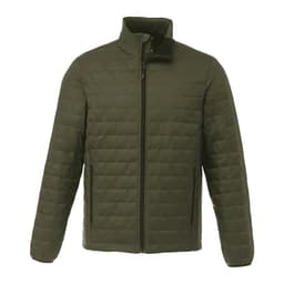 A lightweight, packable insulated puffer jacket in olive green, featuring a zip front and two side pockets.