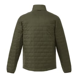 A lightweight packable insulated puffer jacket in olive green with a quilted design and a collar.