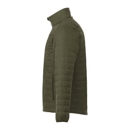 A lightweight, packable insulated puffer jacket in olive green, featuring a zip front and side pockets.