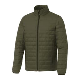 A lightweight packable insulated puffer jacket in olive green, featuring a front zipper and side pockets.
