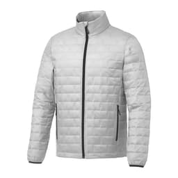 A lightweight, packable insulated puffer jacket in grey with a zipped front and side pockets, featuring a logo.