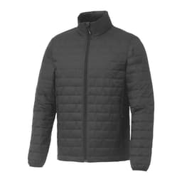 A lightweight, packable insulated puffer jacket in black, featuring a zip front and stand-up collar.