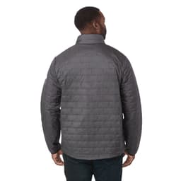 A lightweight packable insulated puffer jacket in dark grey, featuring a quilted pattern and a collar.