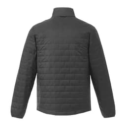 A lightweight, packable insulated puffer jacket in dark grey, featuring a quilted texture and a collar.