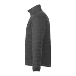 A black lightweight packable insulated puffer jacket with a stand-up collar and zippered pockets.