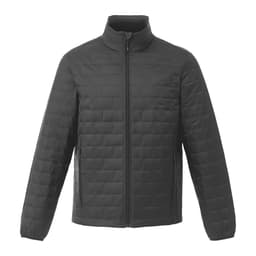 A lightweight, packable insulated puffer jacket in dark grey, featuring a full zip and a stand-up collar.