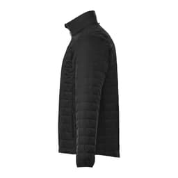A black packable insulated puffer jacket with a sleek design and a zipped front. Features include a stand collar and side pockets.