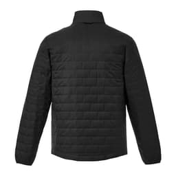 A lightweight black insulated puffer jacket with a quilted design and a high collar, featuring a branding logo.