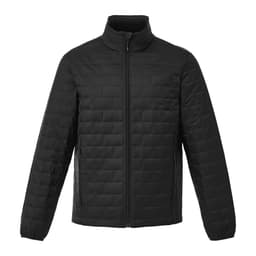 A lightweight black insulated puffer jacket with a stand-up collar and zip closure, featuring side pockets.