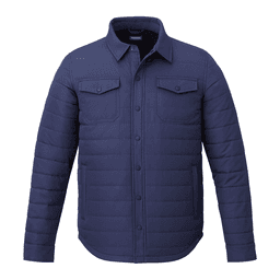 A navy insulated shacket featuring a button-up front and two chest pockets. It has a branding logo on the label.