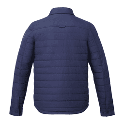 A navy blue insulated shacket for men, featuring a sleek design and a back yoke detail. It has a logo.
