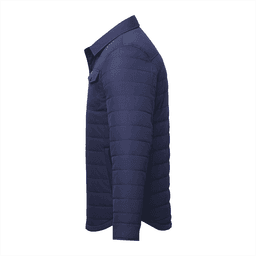 A navy insulated shacket for men, featuring a collared neck and side view design. It has a brand logo.
