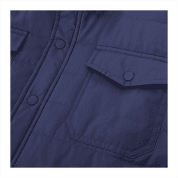 A navy insulated shacket with visible buttons and chest pockets, featuring a branded logo.