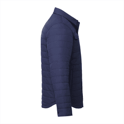A navy insulated shacket for men featuring a buttoned collar and a side view. Includes a branding logo.