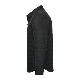 A black insulated shacket for men, featuring a side view design and a logo on the garment.