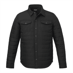 A black insulated shacket featuring a button-up front and two chest pockets. It has a logo on the design.