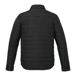 A black insulated shacket for men, featuring a quilted design and a collar, with a logo on the back.