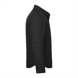 A black insulated shacket for men, featuring a side view with a sleek design and a small logo.