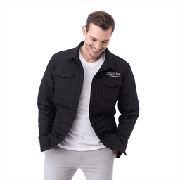 A black insulated shacket for men featuring a logo, designed with a collared neckline and front pockets.