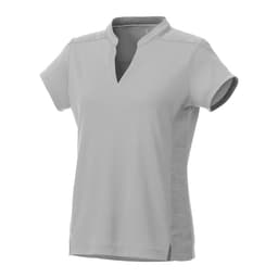 A women's short sleeve polo shirt in light grey with a collar and side detailing, featuring a logo.