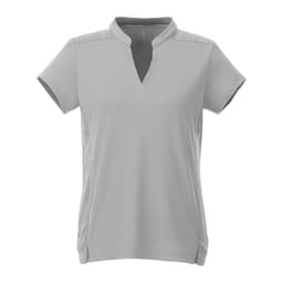 A light grey women's short sleeve performance polo shirt with a collar and side slits. It features a logo.