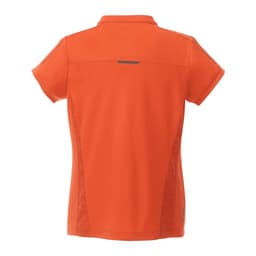 An orange women's polo shirt with short sleeves, featuring a logo and a stylish back design.