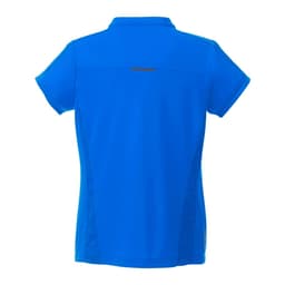 A blue women's performance polo shirt featuring short sleeves and a back panel design, with a logo present.