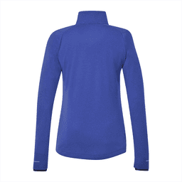 A blue women's jacket featuring a high collar and long sleeves, with a logo on the back.
