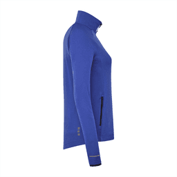 A women's jacket in a vibrant blue colour with a zippered pocket and a collar, featuring a logo.
