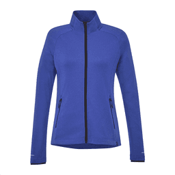 A blue eco knit jacket for women with a zip front and two side pockets, featuring a logo.