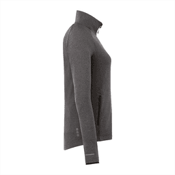 A women's grey eco knit jacket with a high collar and a zippered side pocket, featuring a logo.