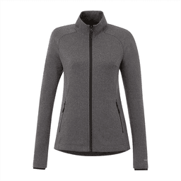 A women's grey jacket featuring a full zip front, high collar, and side pockets. It has a logo on it.